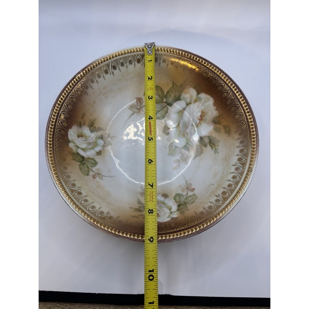Antique P.K. Silesia Porcelain Serving Bowl Bridal Roses Gold Beaded Rim 1914-22 - Picture 6 of 14